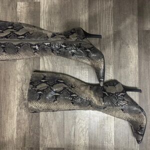 Nine West Python Pattern Heeled Boots - Black and Tan